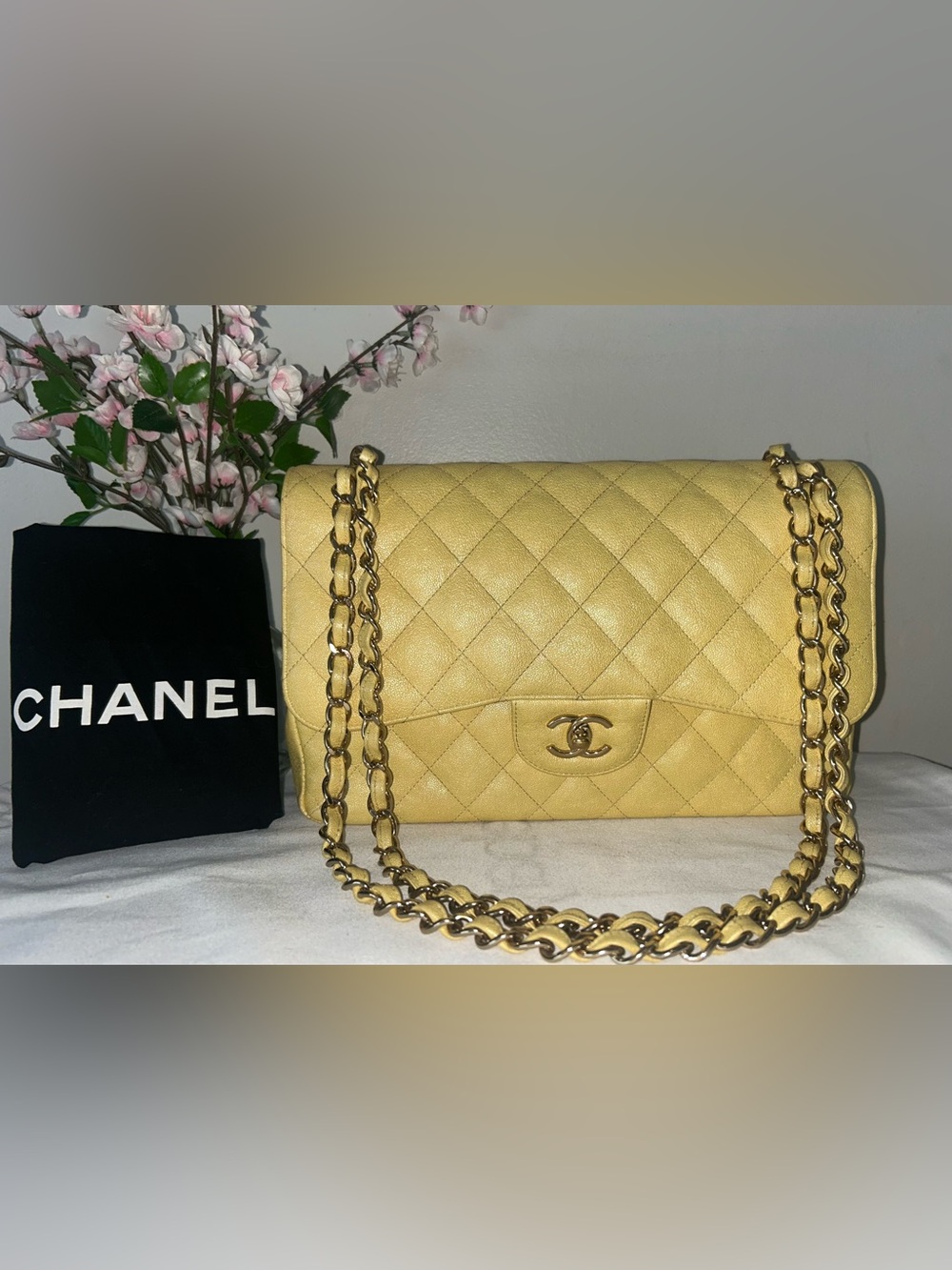 CHANEL 19S Jumbo Double Flap Quilted Caviar Handbag Iridescent Yellow / LGHW